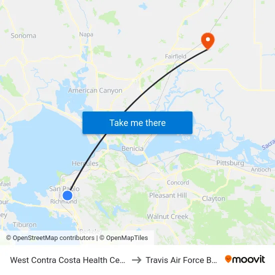 West Contra Costa Health Center to Travis Air Force Base map