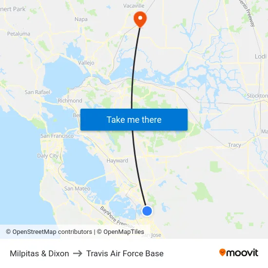 Milpitas & Dixon to Travis Air Force Base map