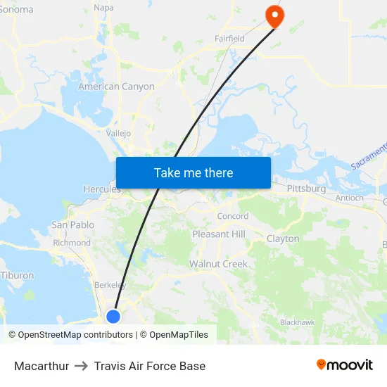 Macarthur to Travis Air Force Base map