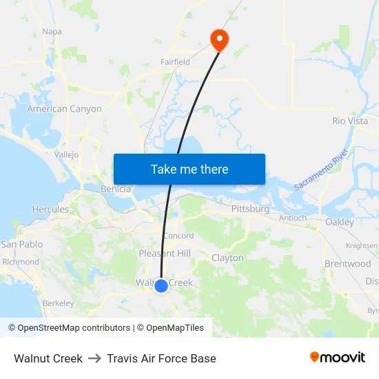 Walnut Creek to Travis Air Force Base map