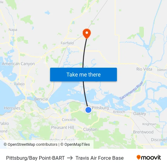 Pittsburg/Bay Point-BART to Travis Air Force Base map