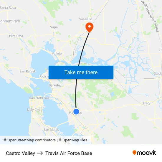 Castro Valley to Travis Air Force Base map