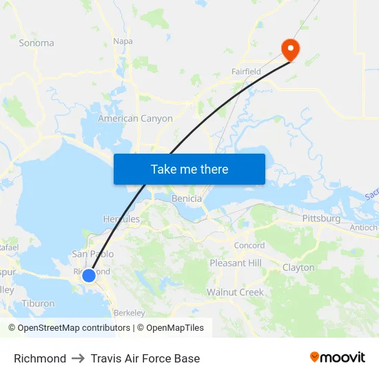 Richmond to Travis Air Force Base map
