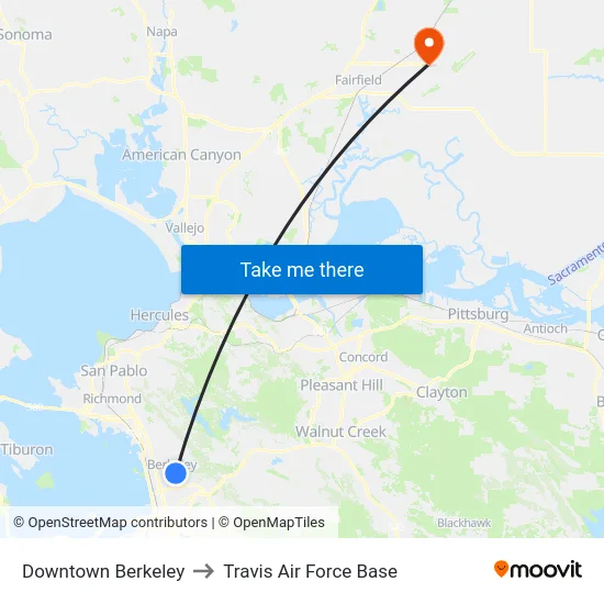 Downtown Berkeley to Travis Air Force Base map