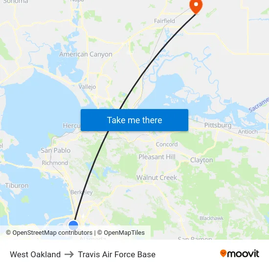 West Oakland to Travis Air Force Base map