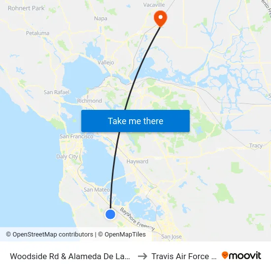 Woodside Rd & Alameda De Las Pulgas to Travis Air Force Base map