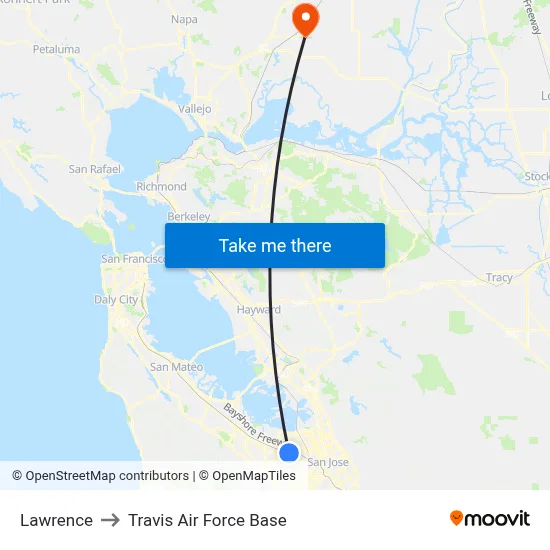 Lawrence to Travis Air Force Base map