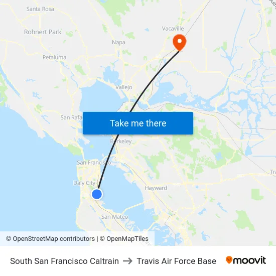 South San Francisco Caltrain to Travis Air Force Base map