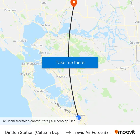 Diridon Station (Caltrain Depot) to Travis Air Force Base map
