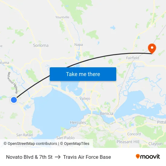 Novato Blvd & 7th St to Travis Air Force Base map