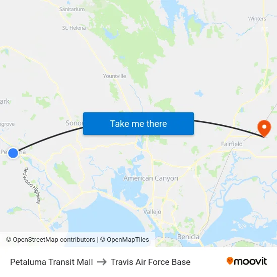 Petaluma Transit Mall to Travis Air Force Base map
