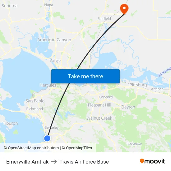 Emeryville Amtrak to Travis Air Force Base map
