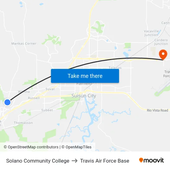 Solano Community College to Travis Air Force Base map