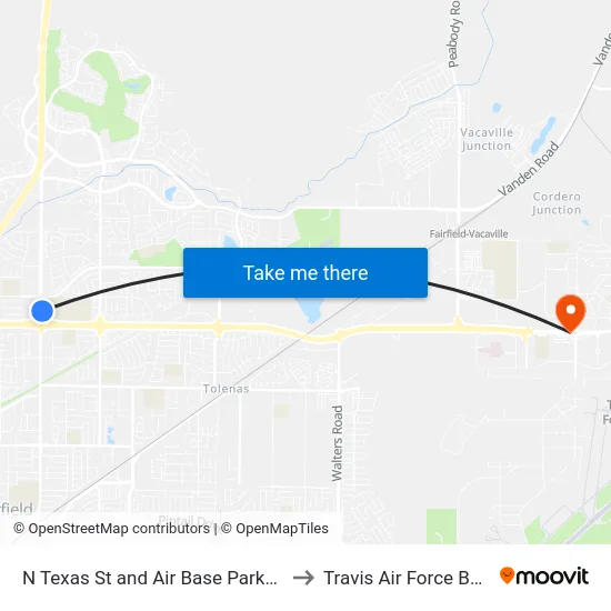 N Texas St and Air Base Parkway to Travis Air Force Base map
