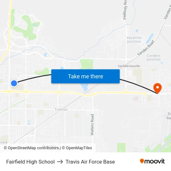 Fairfield High School to Travis Air Force Base map