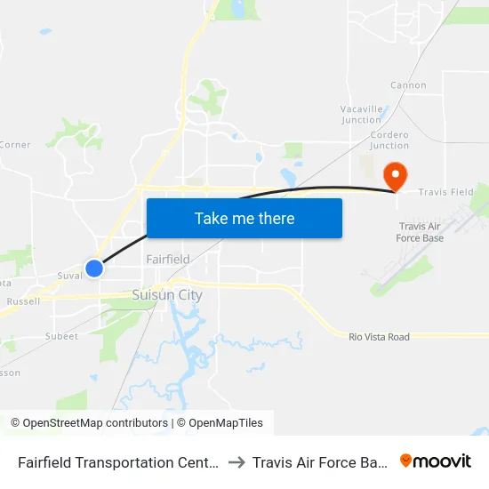 Fairfield Transportation Center to Travis Air Force Base map