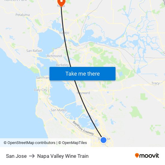 San Jose to Napa Valley Wine Train map