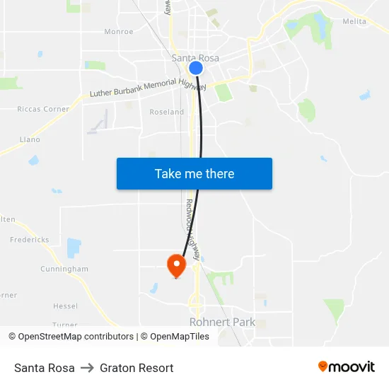 Santa Rosa to Graton Resort map