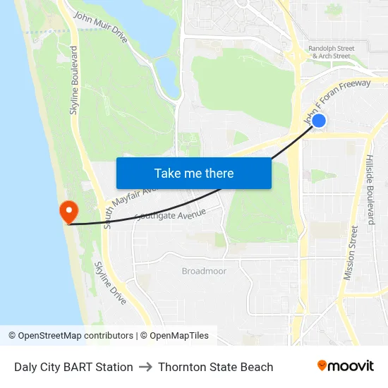 Daly City BART Station to Thornton State Beach map