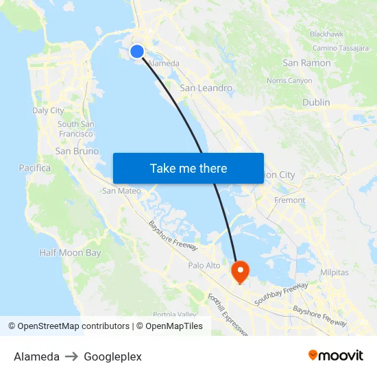 Alameda to Googleplex map