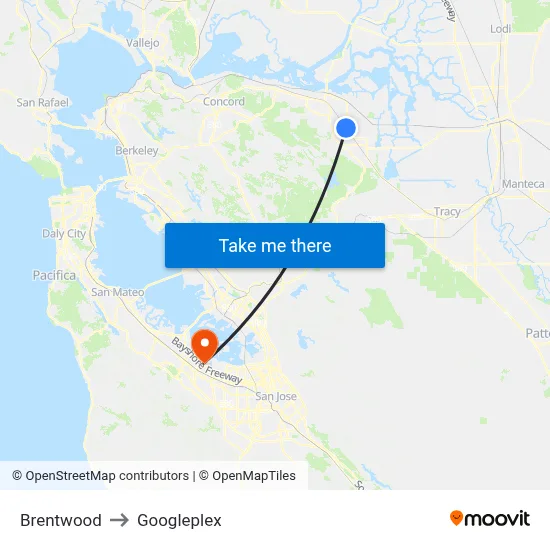 Brentwood to Googleplex map