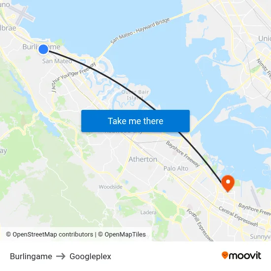 Burlingame to Googleplex map