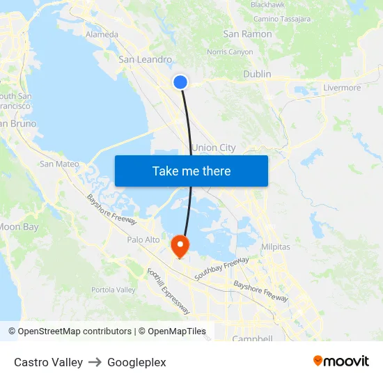 Castro Valley to Googleplex map