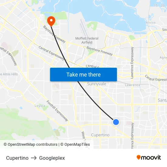 Cupertino to Googleplex map