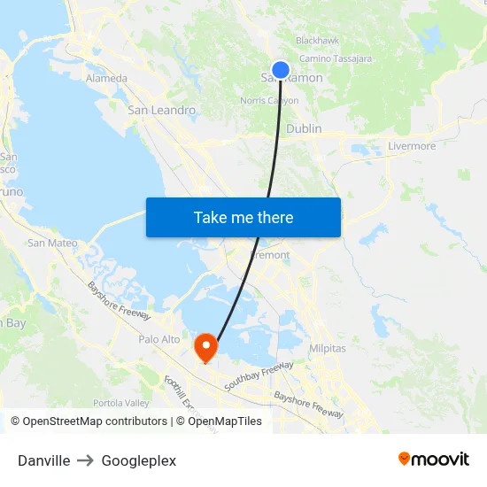Danville to Googleplex map