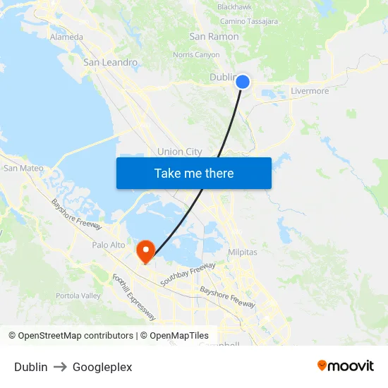 Dublin to Googleplex map