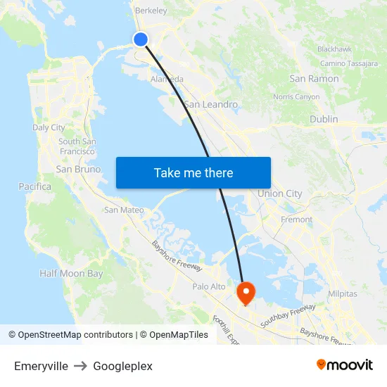 Emeryville to Googleplex map