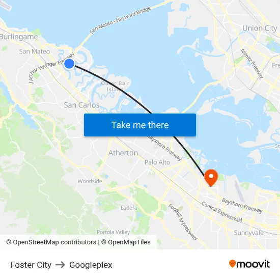 Foster City to Googleplex map