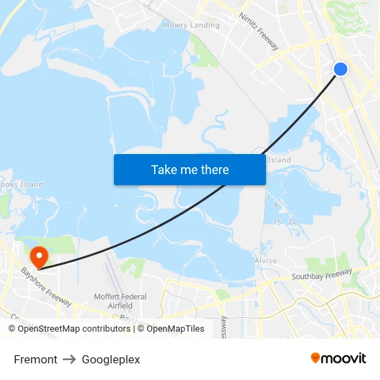 Fremont to Googleplex map