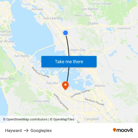 Hayward to Googleplex map