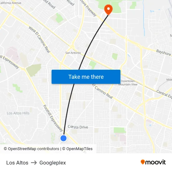 Los Altos to Googleplex map