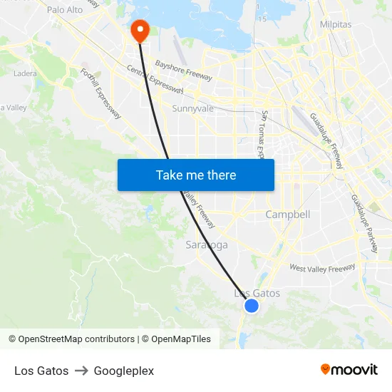 Los Gatos to Googleplex map