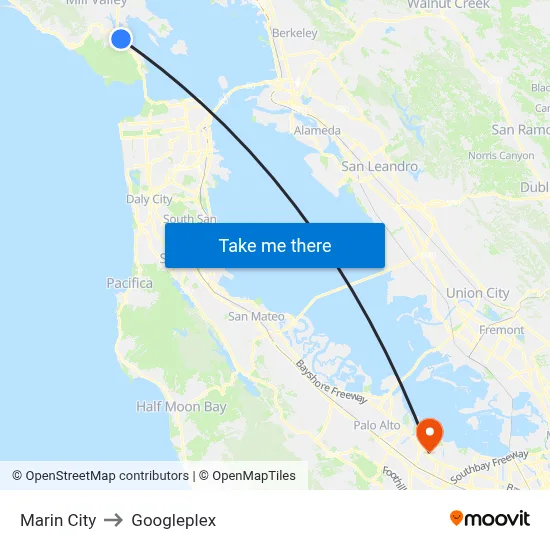 Marin City to Googleplex map