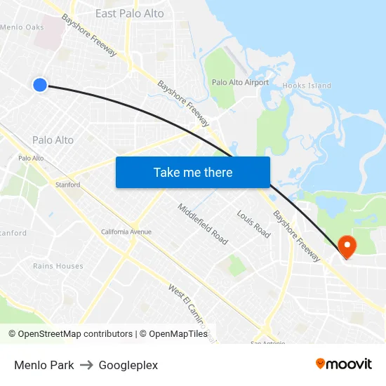 Menlo Park to Googleplex map
