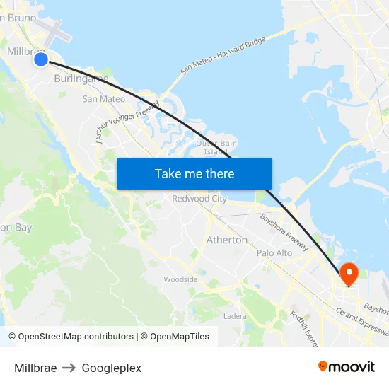 Millbrae to Googleplex map