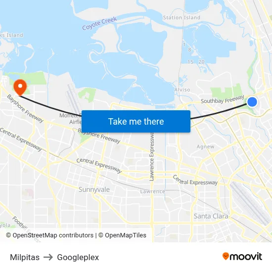 Milpitas to Googleplex map