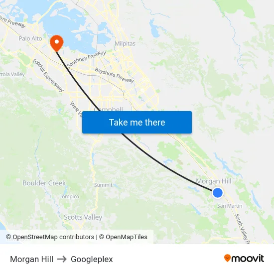 Morgan Hill to Googleplex map