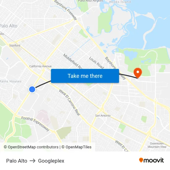 Palo Alto to Googleplex map