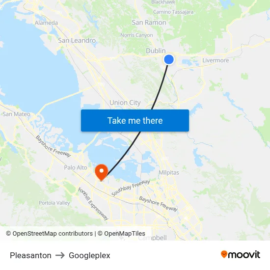 Pleasanton to Googleplex map