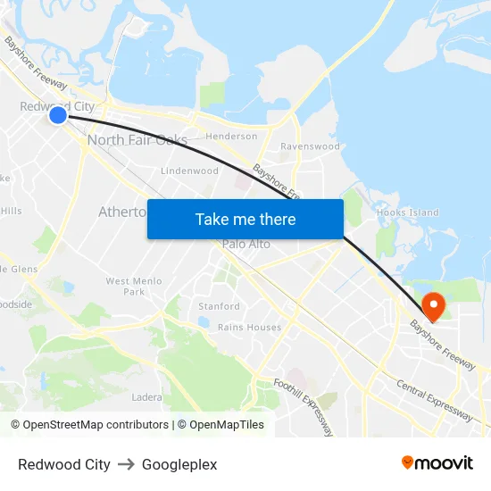 Redwood City to Googleplex map