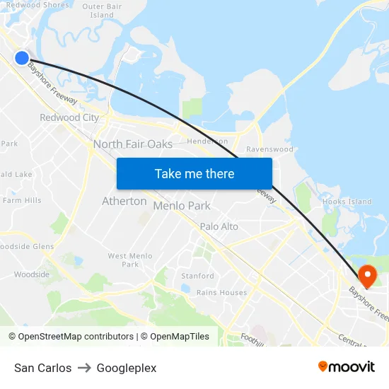 San Carlos to Googleplex map