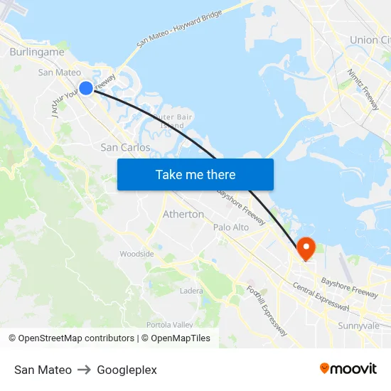 San Mateo to Googleplex map