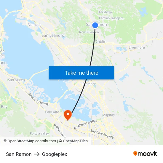 San Ramon to Googleplex map