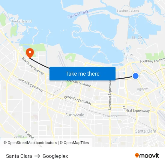Santa Clara to Googleplex map