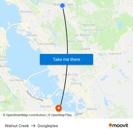 Walnut Creek to Googleplex map