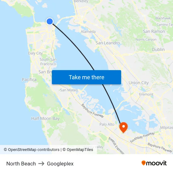 North Beach to Googleplex map